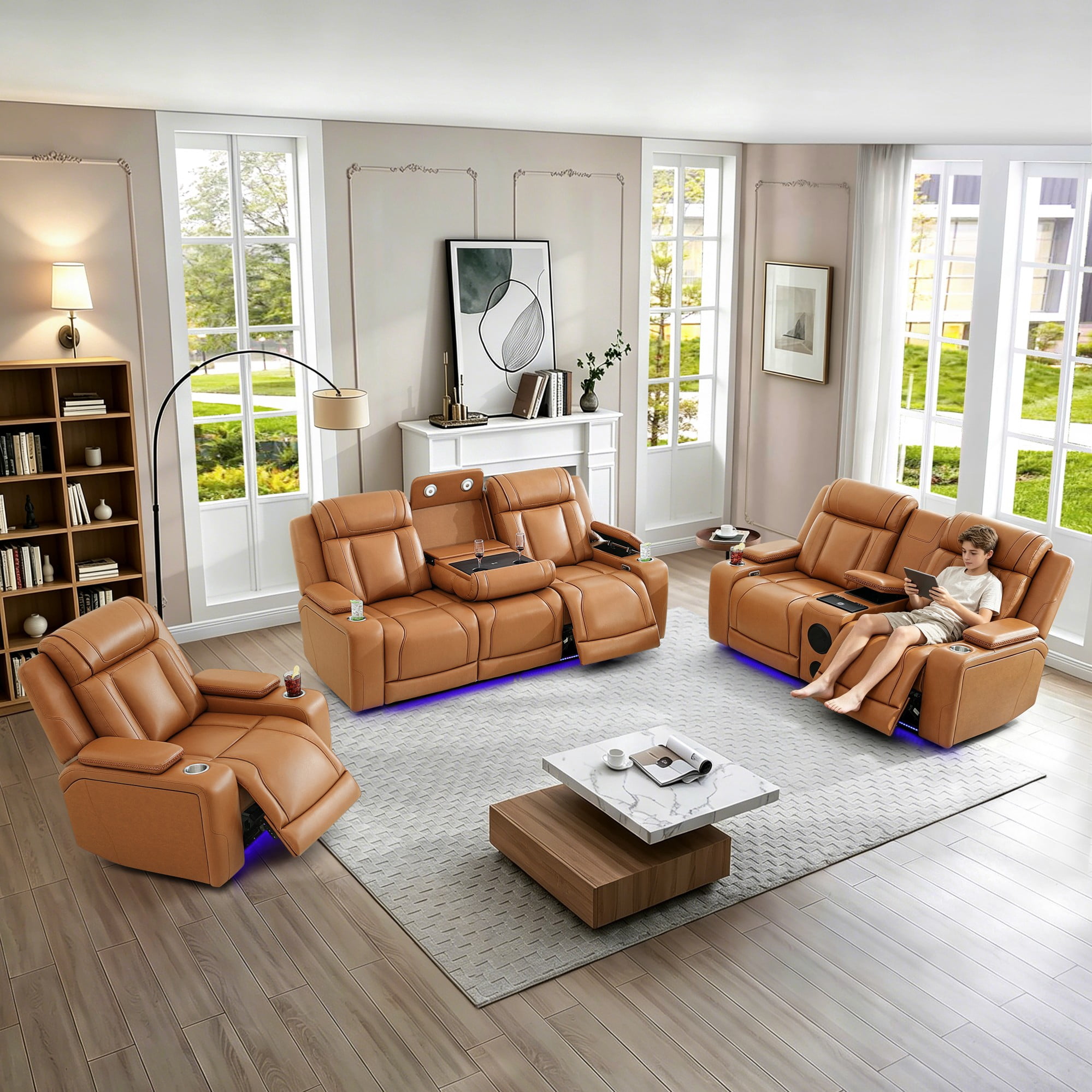 Gewnee 1+2+3 Piece Recliner Sofa Set, Air Leather Smart Sofa with Wireless Charging, Bluetooth Speaker, LED Light, Cup Holders & Storage, Adjustable Recline for Living Room, Orange Yellow