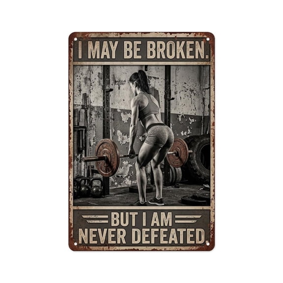 Gym Woman Never Defeated Motivational Sign Metal Tin Sign Wall Decor Wall Art Vintage Room Decoration Tin Painting Poker Room Poster for Home Man Cave Bar Cafe Store Garage Or Club 12x8 Inches