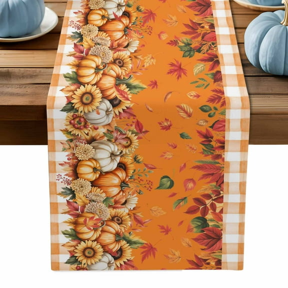 ERUNPONLY Yellow Orange Pumpkin Fall Table Runner - 48 Inch Long Thanksgiving Plaid Botanical Floral Cotton Linen Dress Scarves Farmhouse Table Runner for Kitchen Dining, Coffee Table, 13" x 48"