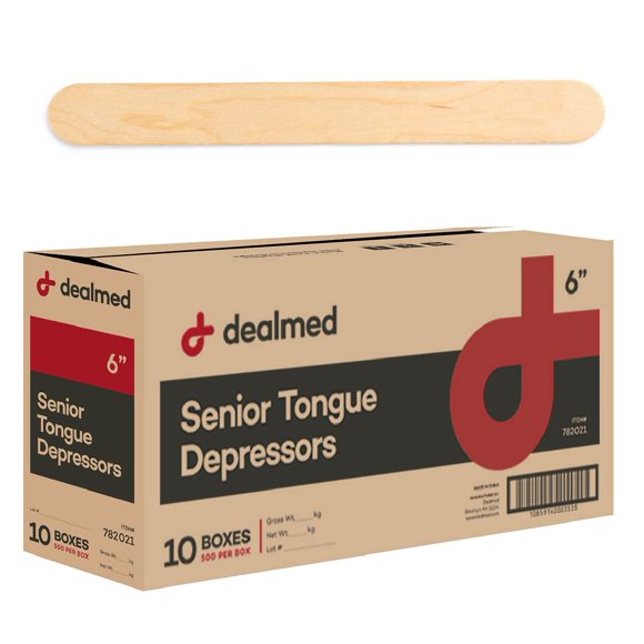 Dealmed Dépresseurs de Langue Senior 6” – 5,000 Bâtons de Dépresseur de Langue en Bois Non Stériles pour Artisanat, Pratique Médicale, Kits de Premiers Secours d'Urgence, 500/boîte (Lot de 10)