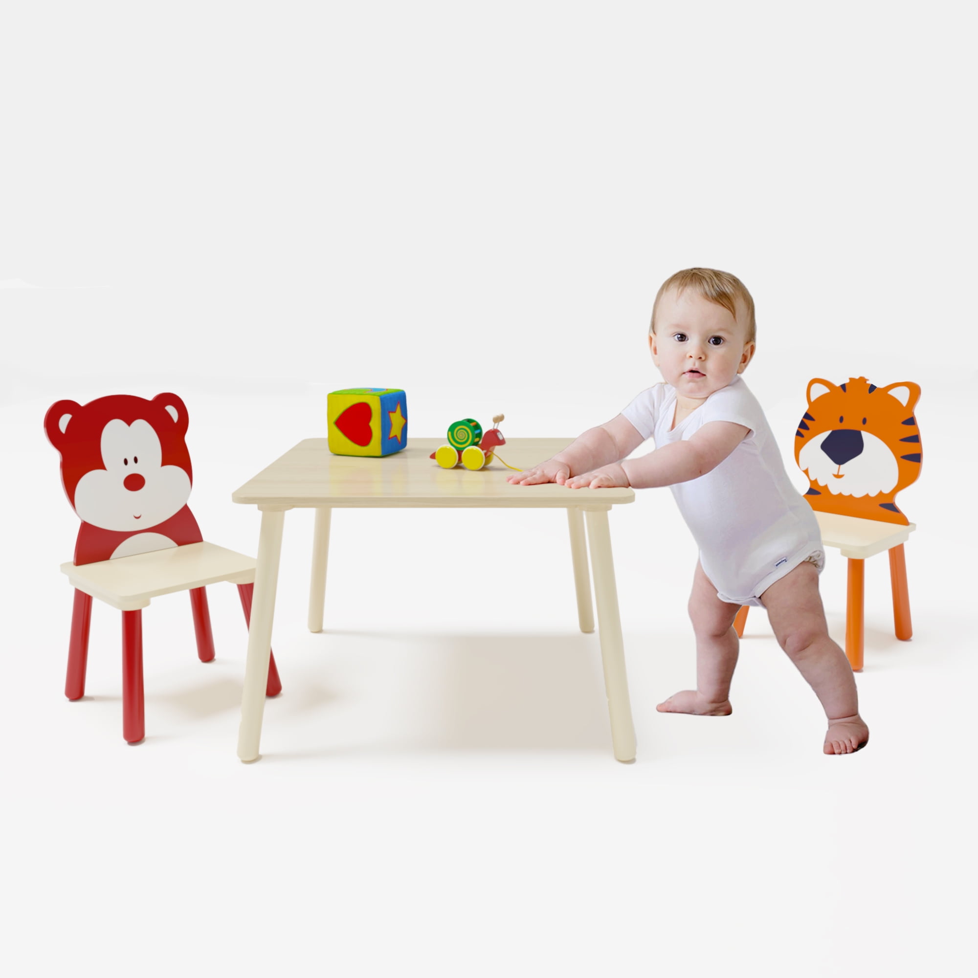 iRerts Kids Table and Chair Set, 3 Pieces Cartoon Animals Wood Kids Activity Table with 2 Chairs, Kids Play Table Set for 3-8 Year Old, Childrens Table and Chairs for Reading, Drawing, Jigsaw Puzzles