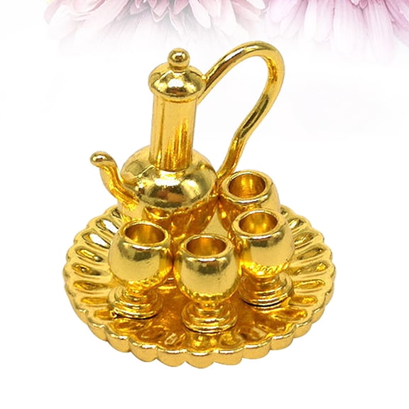 Masteelf Golden Miniature Tea Set Ornament, Stylish Alloy Dollhouse Accessory Decoration, Collectible 1-Piece Figurine