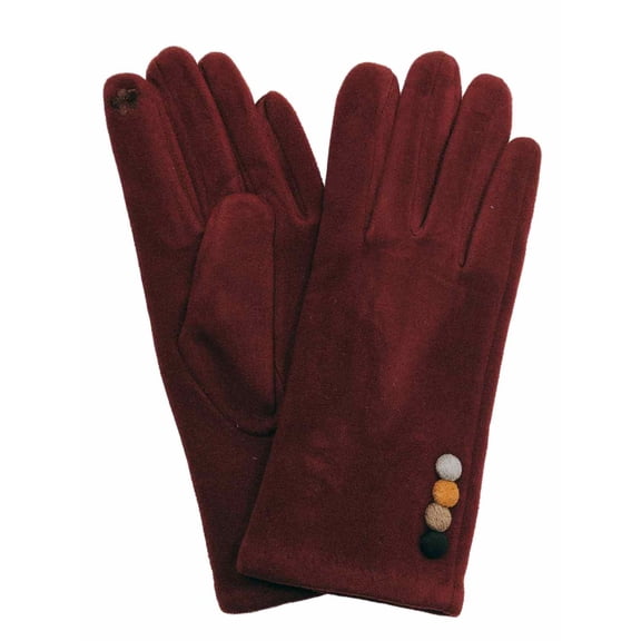 Womens Burgundy Faux Suede Button Stretch Fit Texting & Tech Touchscreen Gloves