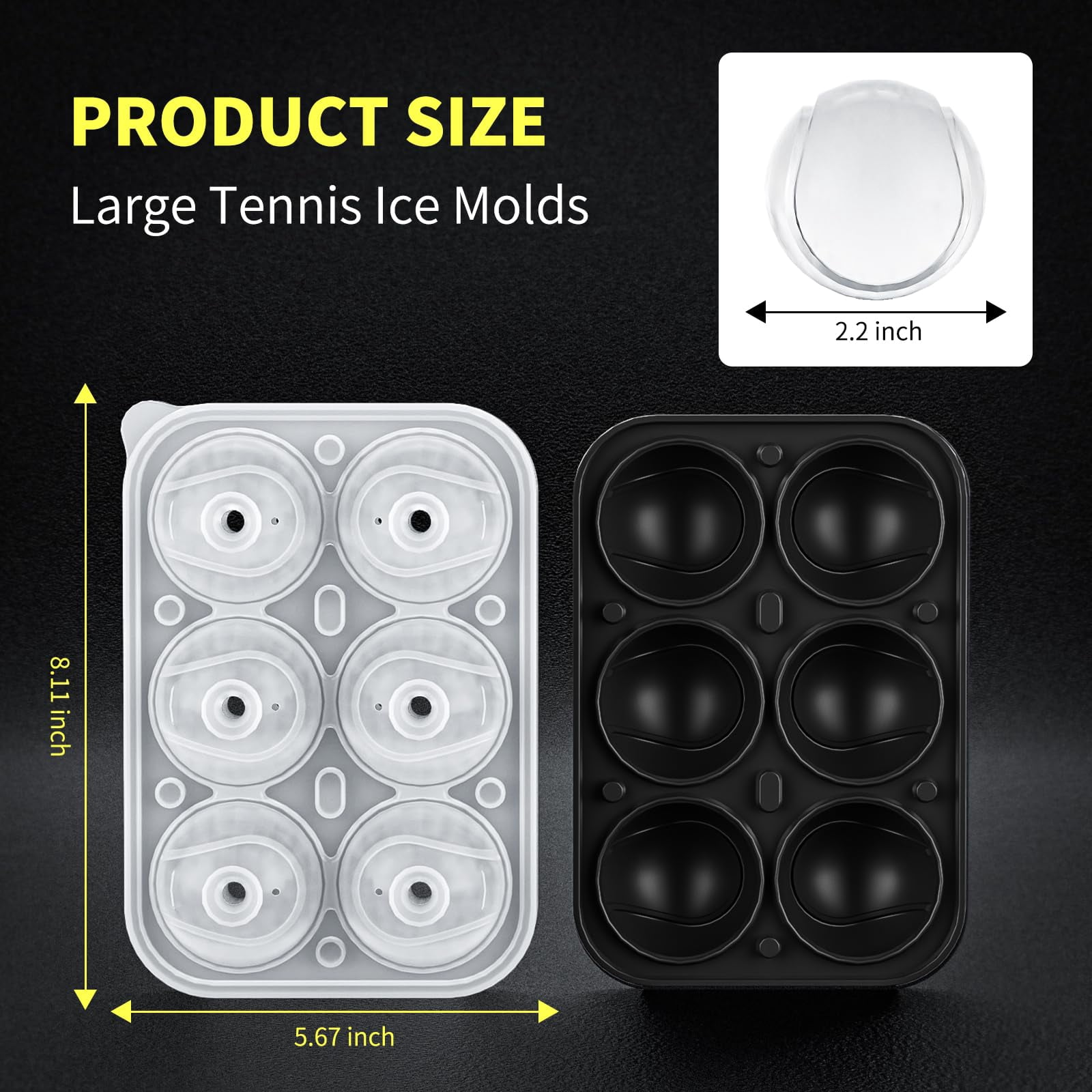 6 Chamber 2.2" 3d Tennis Gifts Ice Cube Tray With Funnel Large Round Ball Maker Mold Silicone Fun Shapes Sphere Molds For Chilling Brandy And Beverages