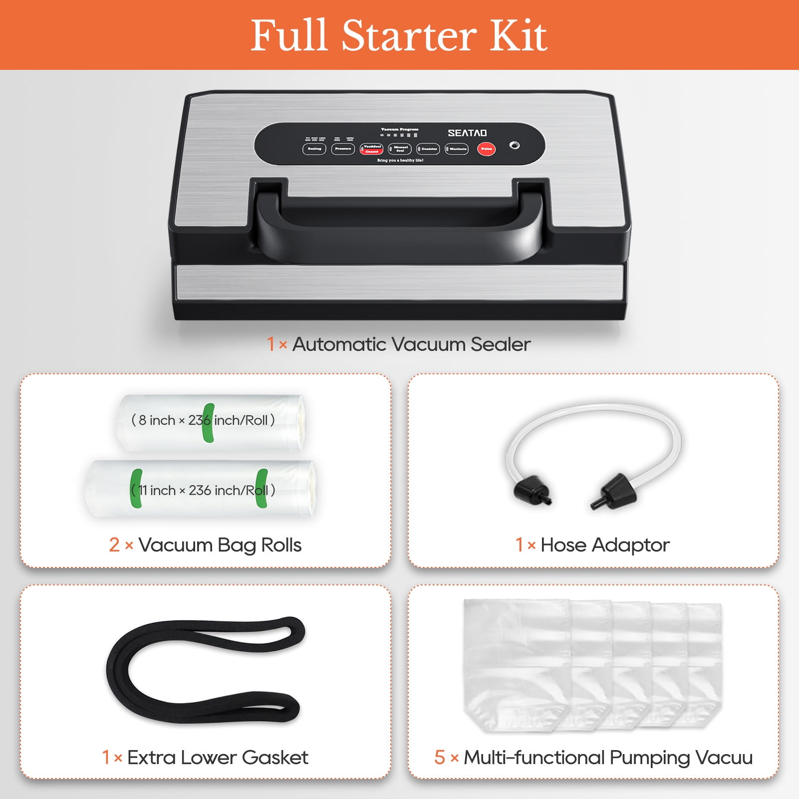 Upgraded Vacuum Sealer for Liquid, SEATAO 90Kpa Vacuum Sealer Machine for Dry/Moist/Liquid Food, Easy-Lock Handle, Double Heat Seal, Built-in Cutter and Bag Storage & Removable Drip Tray