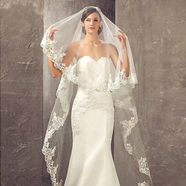 Velo de novia catedral de 1 nivel con apliques de encaje, velo de novia largo de tul con peine para mujeres y novias (marfil)