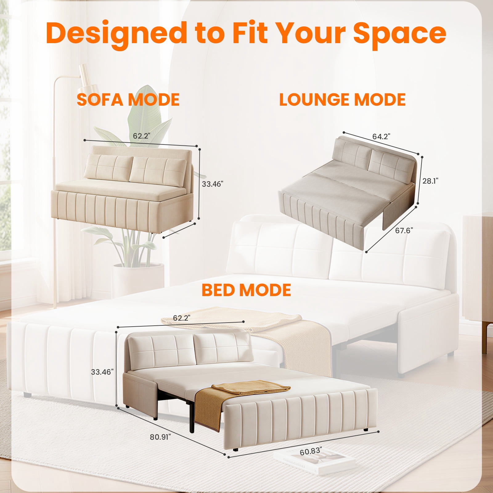 Puremind Queen Size Pull Out Sofa Bed, Convertible Sleeper Sofa with Pull Out Bed, Loveseat Couch Bed with Pillows for Living Room/Apartment, Beige