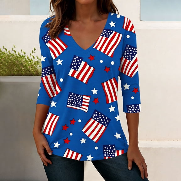 Xdegoge Patriotic Shirts for Women 4th Of July Tops USA American Flag Heart Stars and Stripes V Neck Three Quarter Sleeve Casual Lightweight Summer Independence Day Graphic Tees