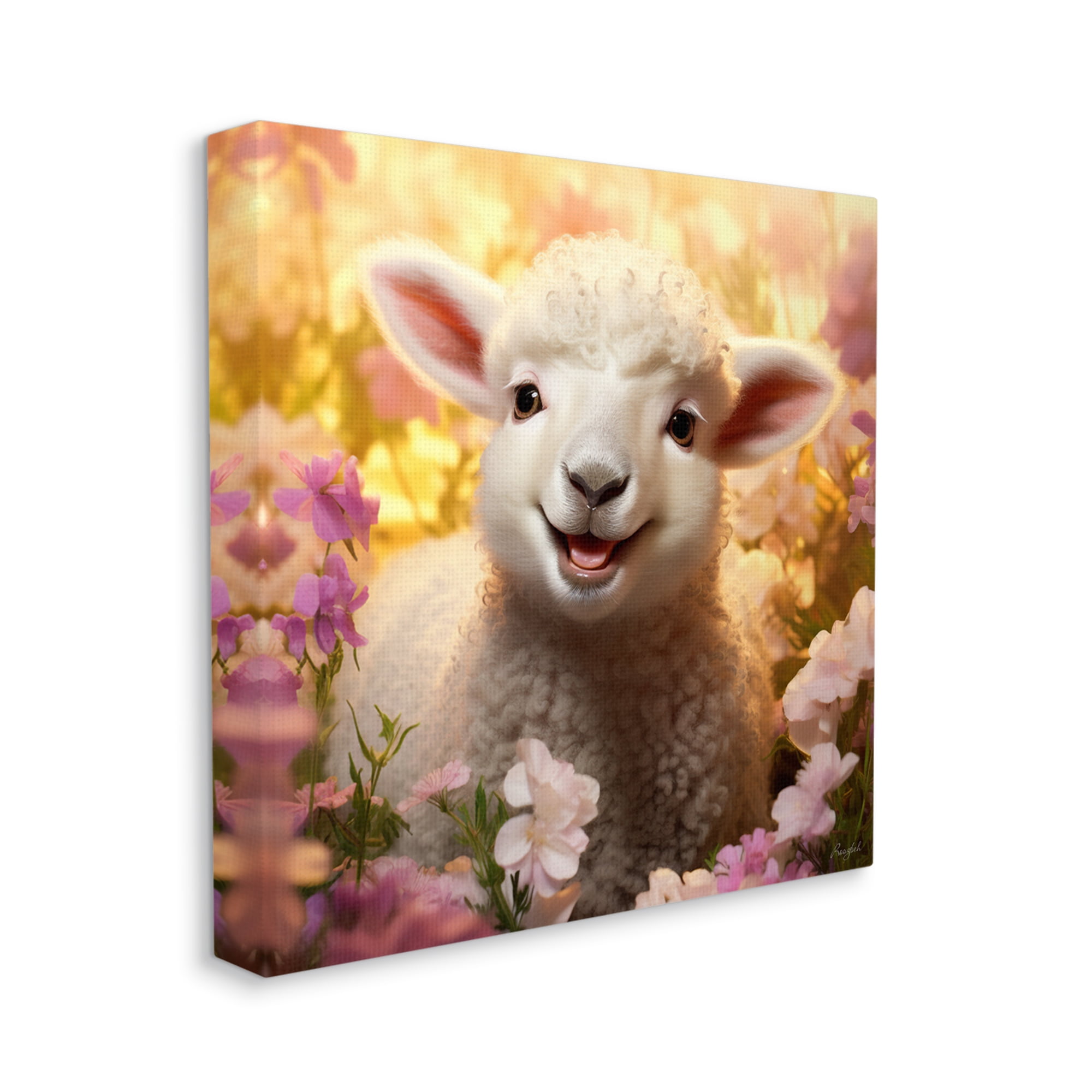 Stupell Industries Lamb in Flower Meadow Animals & Insects Painting Gallery Wrapped Canvas Art Print Wall Art, 17 x 17