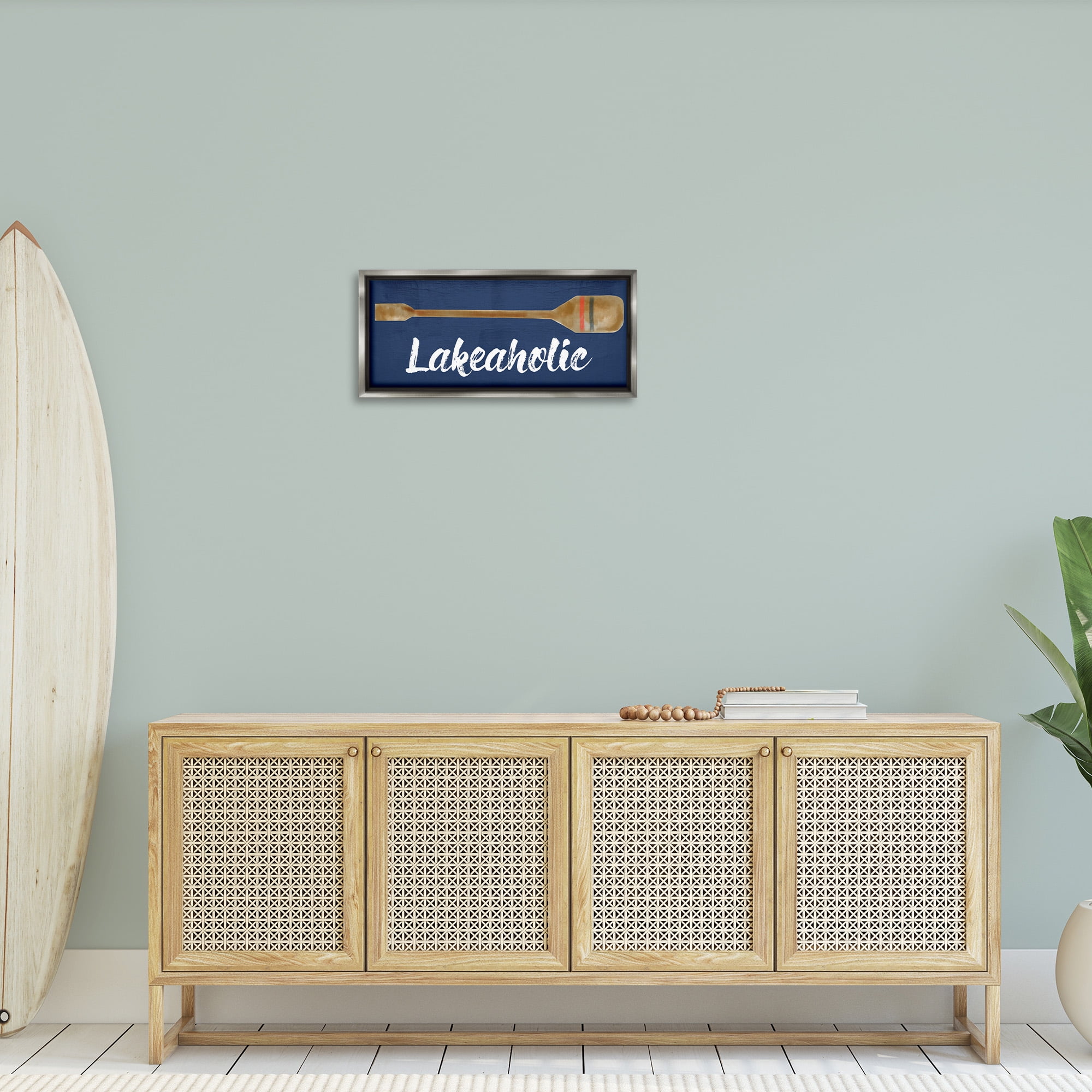 Stupell Industries Lakeaholic Boat Oar Inspirational Painting Gray Floater Framed Canvas Art Print Wall Art, 25 x 11