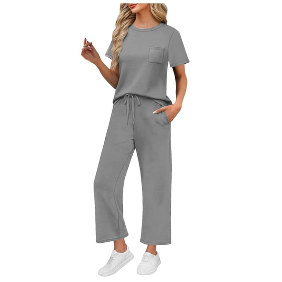 vigerkar 2 Piece Sets for Women Casual Travel Vacation Outfits Short Sleeve Wide Leg Crop Pants Lounge Sets (Dark Gray, M)