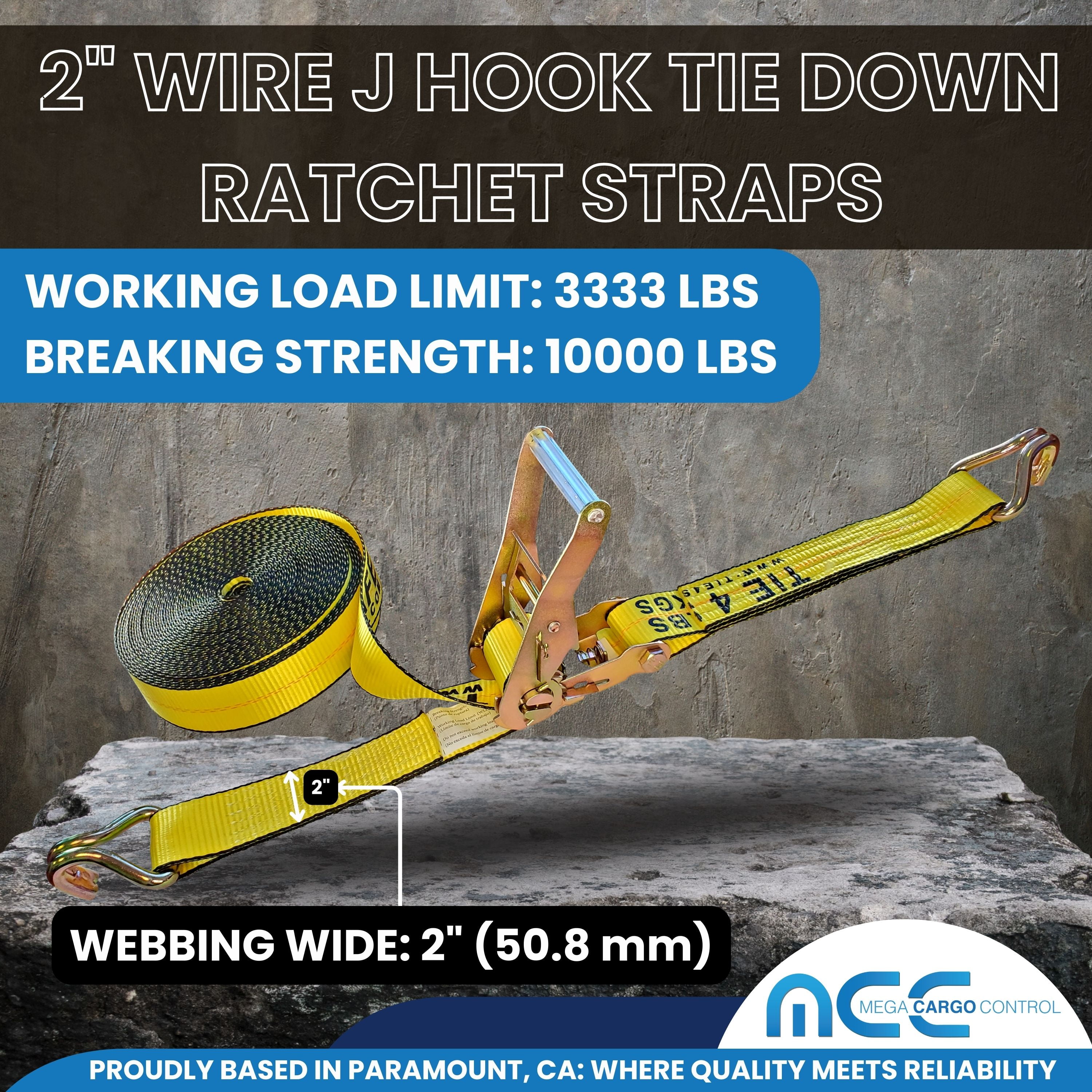 Mega Cargo Control USA Heavy Duty 2" x 40' 50' 60' Ratchet Strap J Hook Flatbed Truck Farm Tie Down