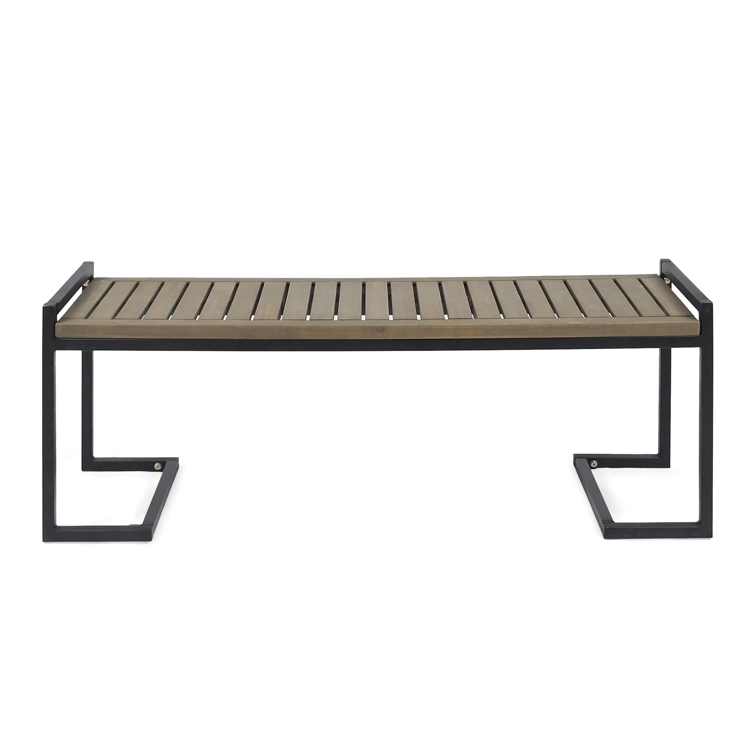 Outdoor Industrial Style Leisure Bench, Wood and Metal Combined Rest Seat for Patio Garden, Gray and Black