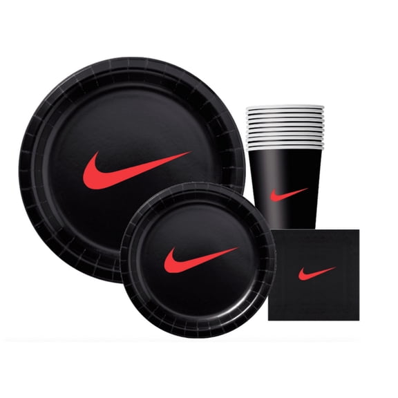 Custom 60 piece Party Pack with Paper Plates, napkins and Cups, Black with Red Sw00sh, Party Supplies Set
