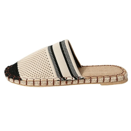 

Women s Fashion Breathable Mesh Toe Cap Half Drag Striped Flat Casual Shoes