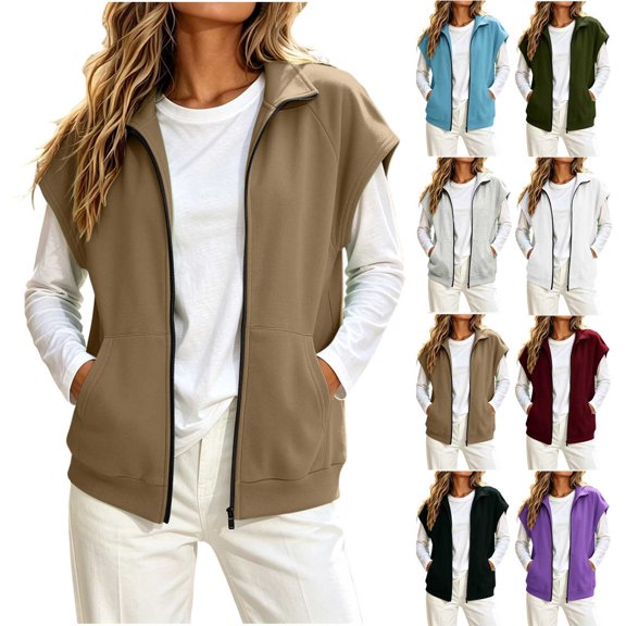 Womens Sleeveless Zip Up Vest Outerwear Casual Spring And Winter Layering Piece Sweatshirt Jacket with Pocket Outfit Travel