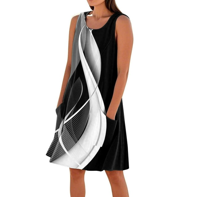 Robe Sans Manches pour Femmes, Coupe Ample Col Rond Robe d'Été Décontractée avec Poches, Noir, Taille g