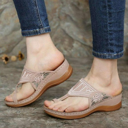 

XINKAIRUN Women S Slipper Women s Perforated Wedge Sandals Embroidered Orthopedic Comfortable Flip-flop Pink