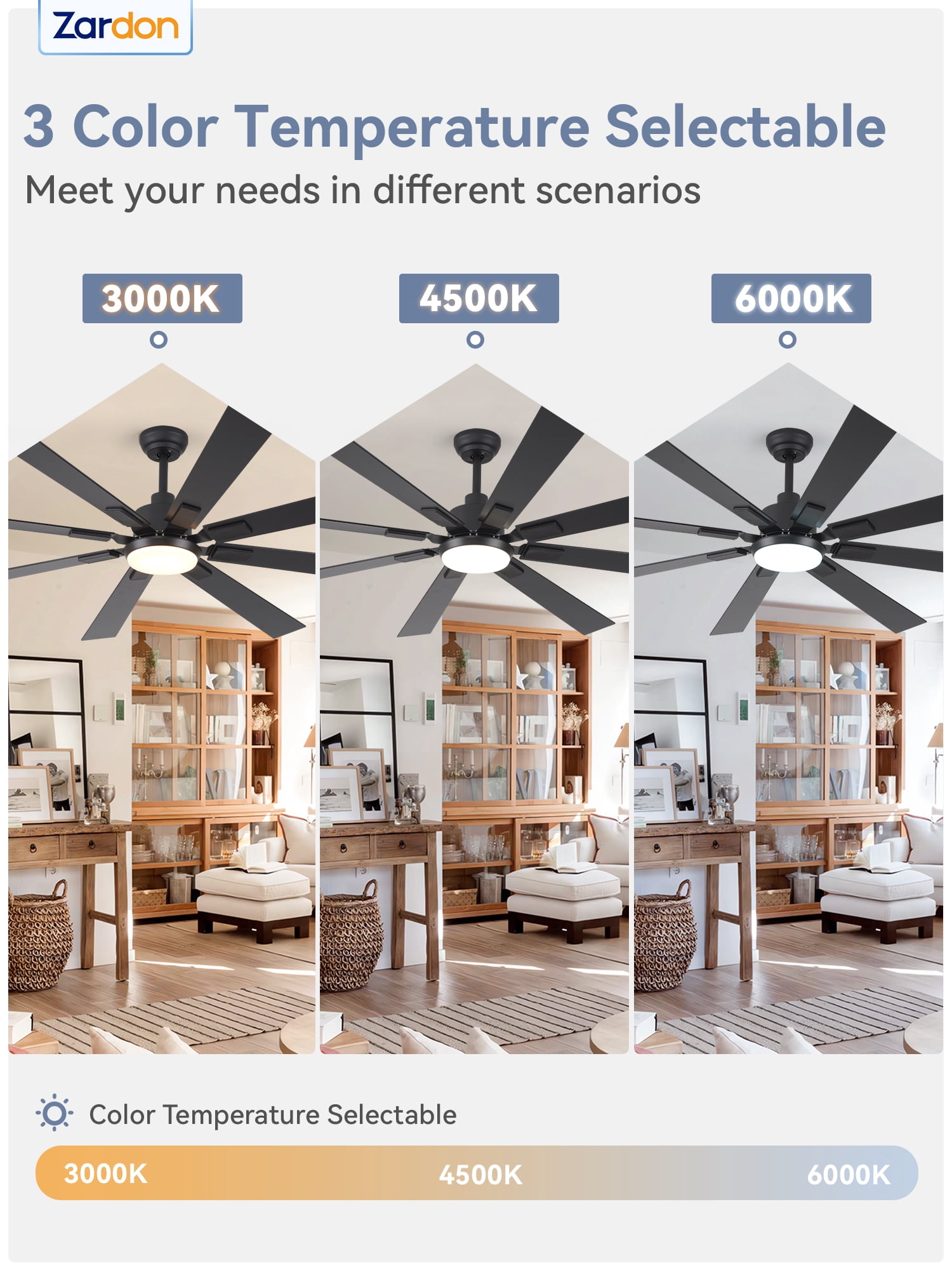 Zardon 72 inch Modern Ceiling Fan with Light and Remote Control, Large Ceiling Fan with Quiet DC Motor, 6 Speeds, 8 Reversible Blades for Indoor Outdoor Space- Black