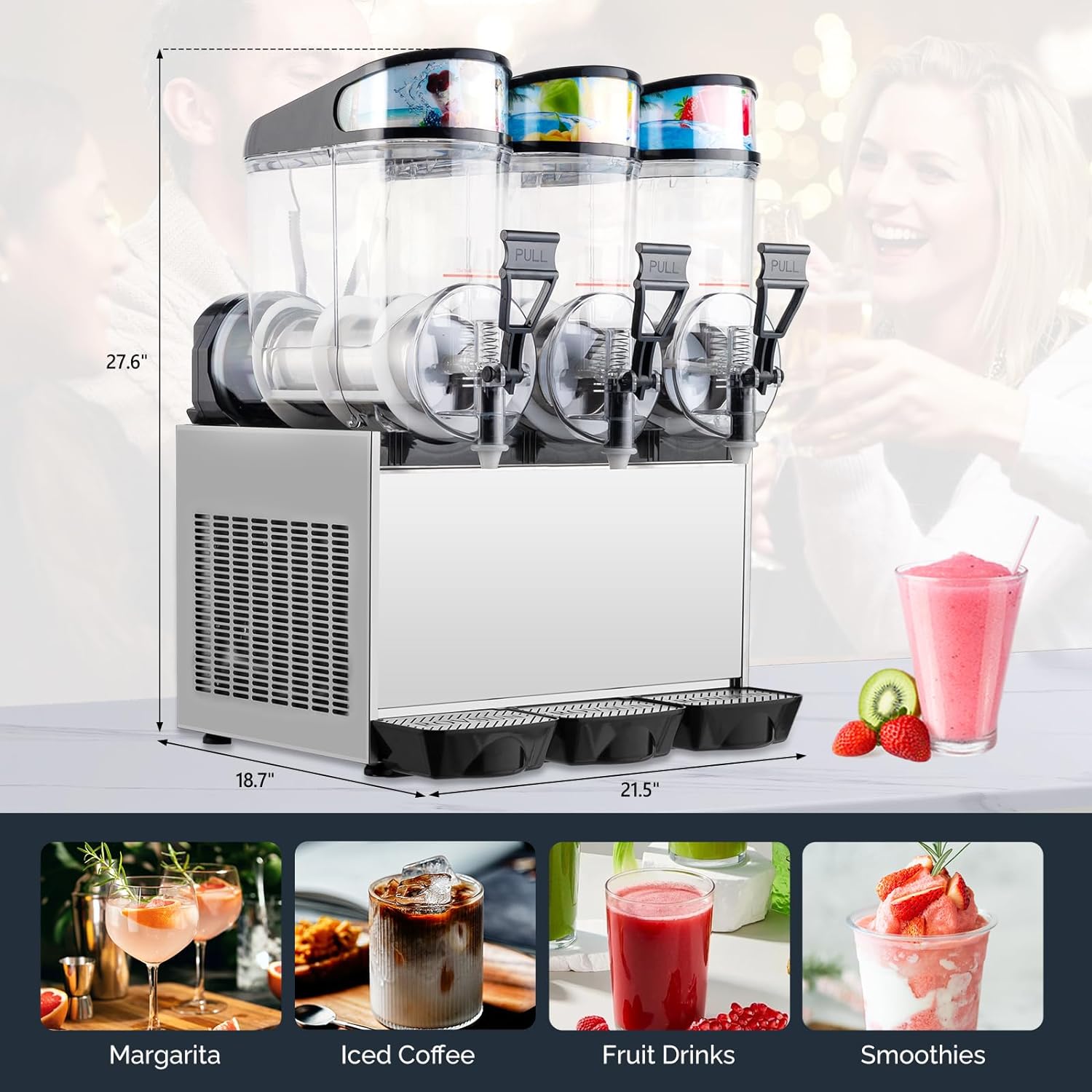 ROVSUN 12 Gal/45L Slushie Machine, 15L X 3 Tanks Commercial Slushy Machine Slush and Juice Modes, Margarita Machine Frozen Drink Maker Stainless Steel for Home Restaurant Bar Party 110V/60HZ
