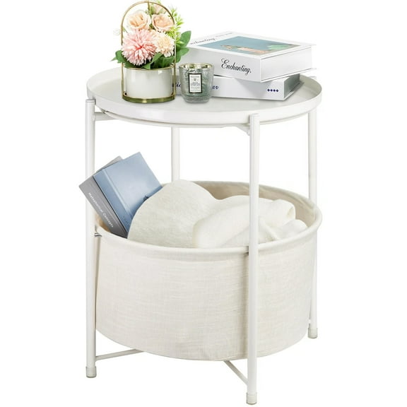 Round Sofa Side Table End Table with Storage Fabric Basket for Living Room Bedroom Removable Tabletop Home Nightstand, White