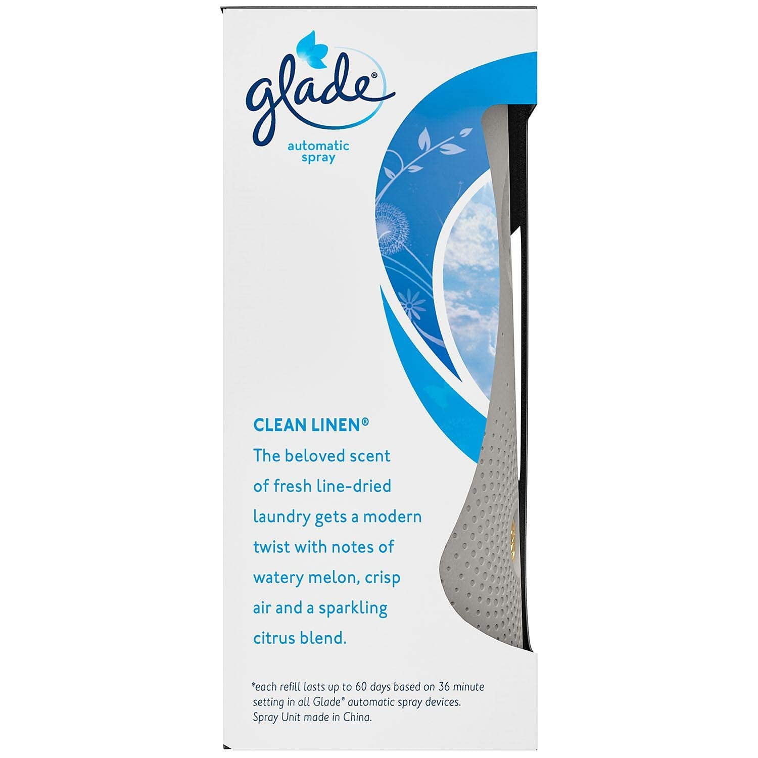 Glade Automatic Spray Clean Linen: 1 Automatic Spray Unit; 2 AA Batteries; 3 Refills, 6.2 oz Each, Total 18.6 oz