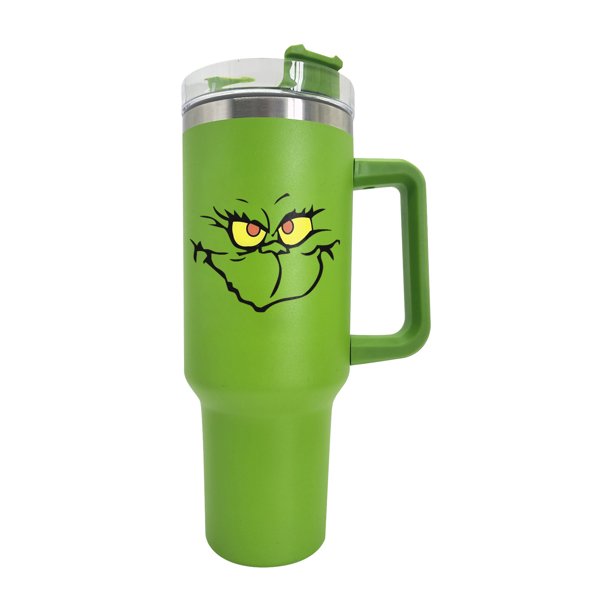 Gr1nch - Vaso de 40 onzas con asa y pajita, taza aislada de acero inoxidable, taza de viaje, taza de café de doble pared para bebidas frías y calientes, para Mantener Agua, Té, Vino