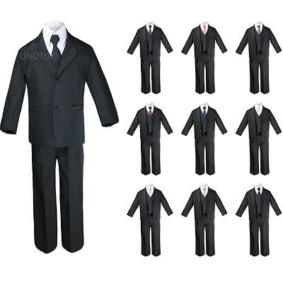 New 6pc Black Formal Tuxedo Suit   Extra Satin Necktie for Boy Baby Toddler S-20