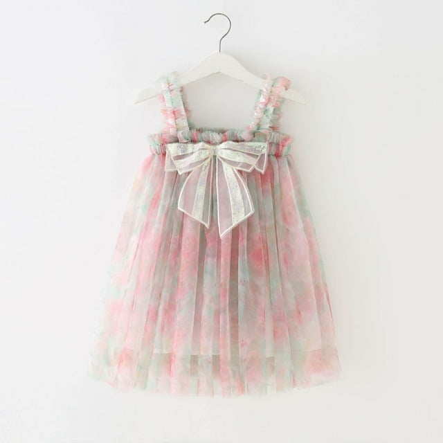 EGNMCR Robe pour Enfants, Robe Sans Manches à Col Rond Longueur Genou Robe Tout-Petit Enfants Bébés Filles Mignonne Été en Maille Couleur Unie Imprimé Nœud Bretelles Robe Jupe Robe Fille