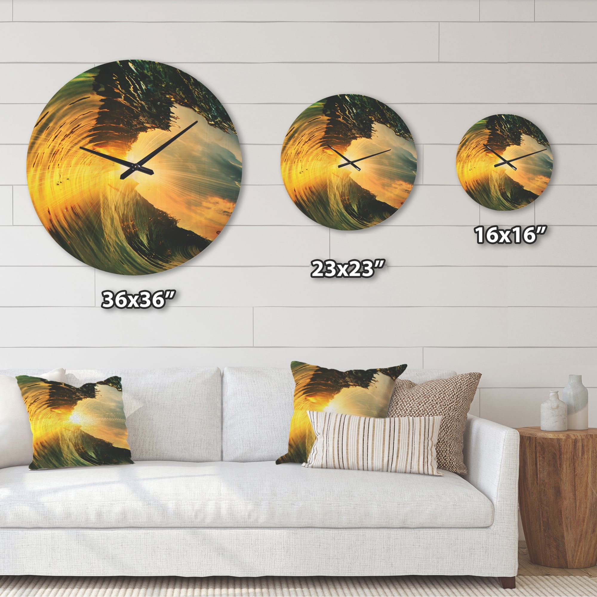 Designart 'Colored Ocean Waves Falling Down At Sunset VII' Coastal Wood Wall Clock