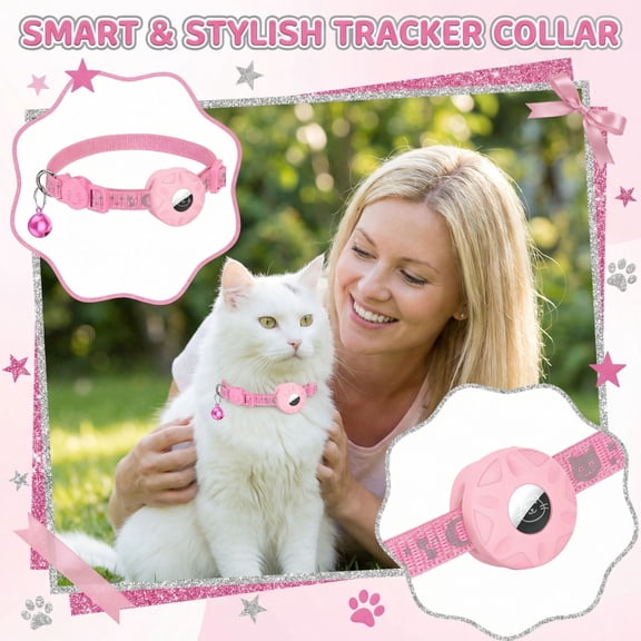 Cat Gps Tracker Collar, Reflective Cat Collar, Cat Collar Breakaway, 8-12 in Adjustable, Nylon Webbing, Pink, 1 Pc