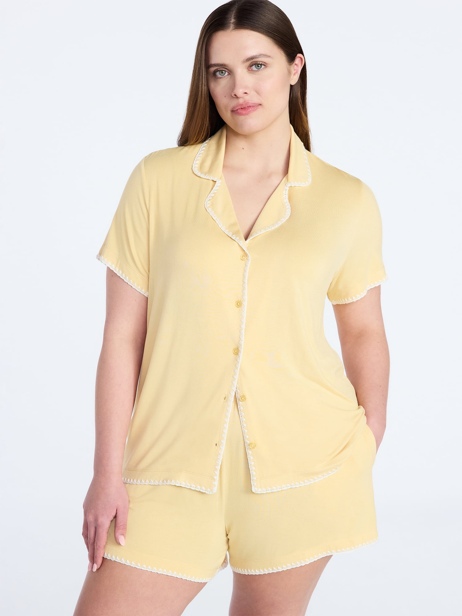 Joyspun Women’s Notch Top and Boxer Shorts Pajama Set with Blanket Stitching, 2-Piece, Sizes XS-3X