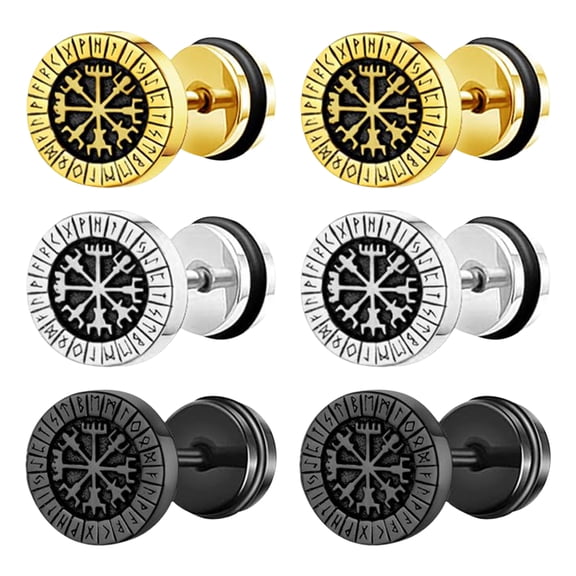 OIDEA 3-Pair Viking Compass Rune Fake Gauge Stud Earrings, Stainless Steel Punk Nordic Earrings for Men Women