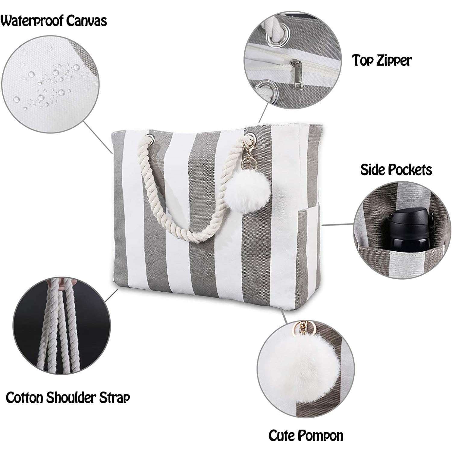 Extra Large Beach Bags Totes Women Waterproof Sandproof Big Tote Bag Zipper Inner Pockets Rope Handle Canvas with Zip Closure Swim Pool Gym Picnic Travel Weekend Accessorie Striped Grey Handbag Gifts