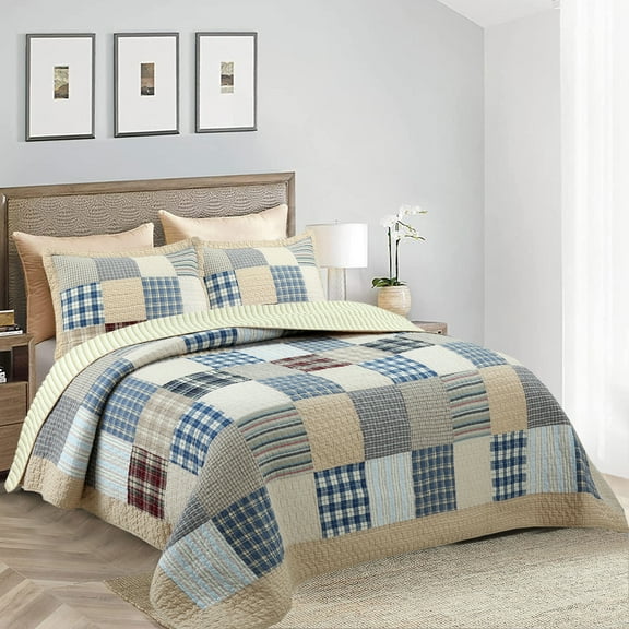Cozy Line Home Fashions Cozy Line Tattersall Blue Tan Tartan Plaid Patchwork 3 Piece Quilt Bedding Set King