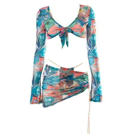 Women Sexy Floral Print Mesh 3 Pieces Set Long Sleeve Tie Knot Front Crop Top with Thong Side Drawstring Ruched Mini Skirt Club Party Beachwear