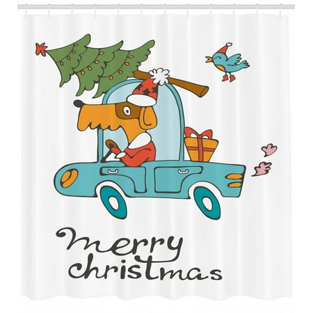 Christmas Shower Curtain Set Blue Vintage Car Dog Driving With