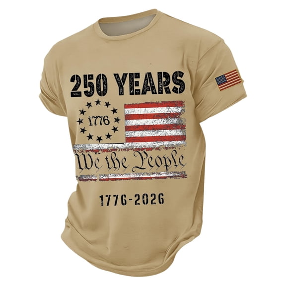 LNZGNM Mens Graphic T-Shirts USA Flag 1776-2026 Short Sleeve T-Shirts Casual Star Stripes Graphic Crewneck Shirts Summer Tee Shirts,Khaki S