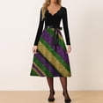 thumbnail image 4 of Hogleaql Mardi Gras Dresses Womens Retro V Neck Long Sleeve A-Line Carnival Themed Party Graphic Dresses Mesh Flowy Belted Cozy Dressy Costume Dark Purple L, 4 of 4