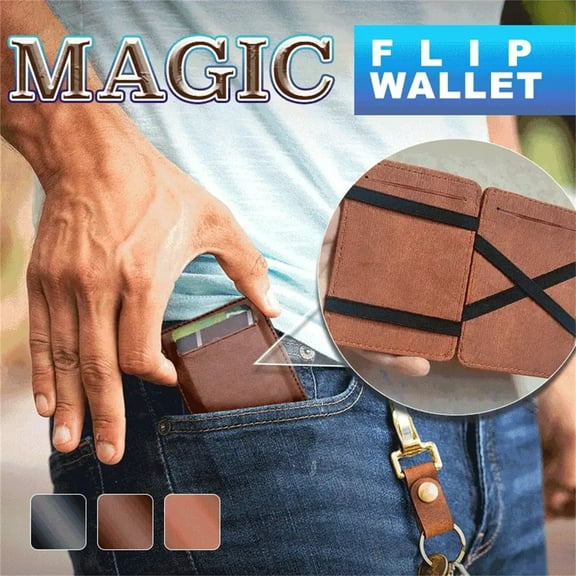 Men's Flip Wallet | Large Capacity Magnetic Money Clip | Slim Leather Credit Card Holder with 4 Card Slots | ID Case | Fashionable Gift Box | Brown | 4.5” x 3” | Business Card Organizer