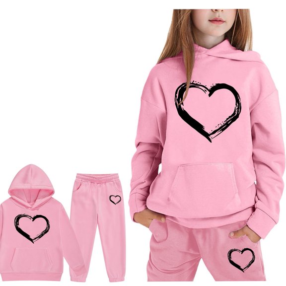LIUYUNNN Kids Sweatsuit Set for Girls 2 Piece Long Sleeve Pink Heart Tracksuit Hoodie Sweatpants Joggers Set Warm Fall Winter Clothes Girls Jogger Set 3-4 Years Boys Girls Autumn and Winter Outfits