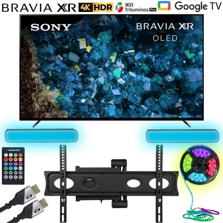 Sony XR77A80L BRAVIA XR 77" OLED 4K HDR Smart TV with Google TV 2023 Bundle with Monster Cables Home Theater Setup Package - Full Motion Mount, Monster HDMI Cables, & Sound Reactive RGB Light Strip