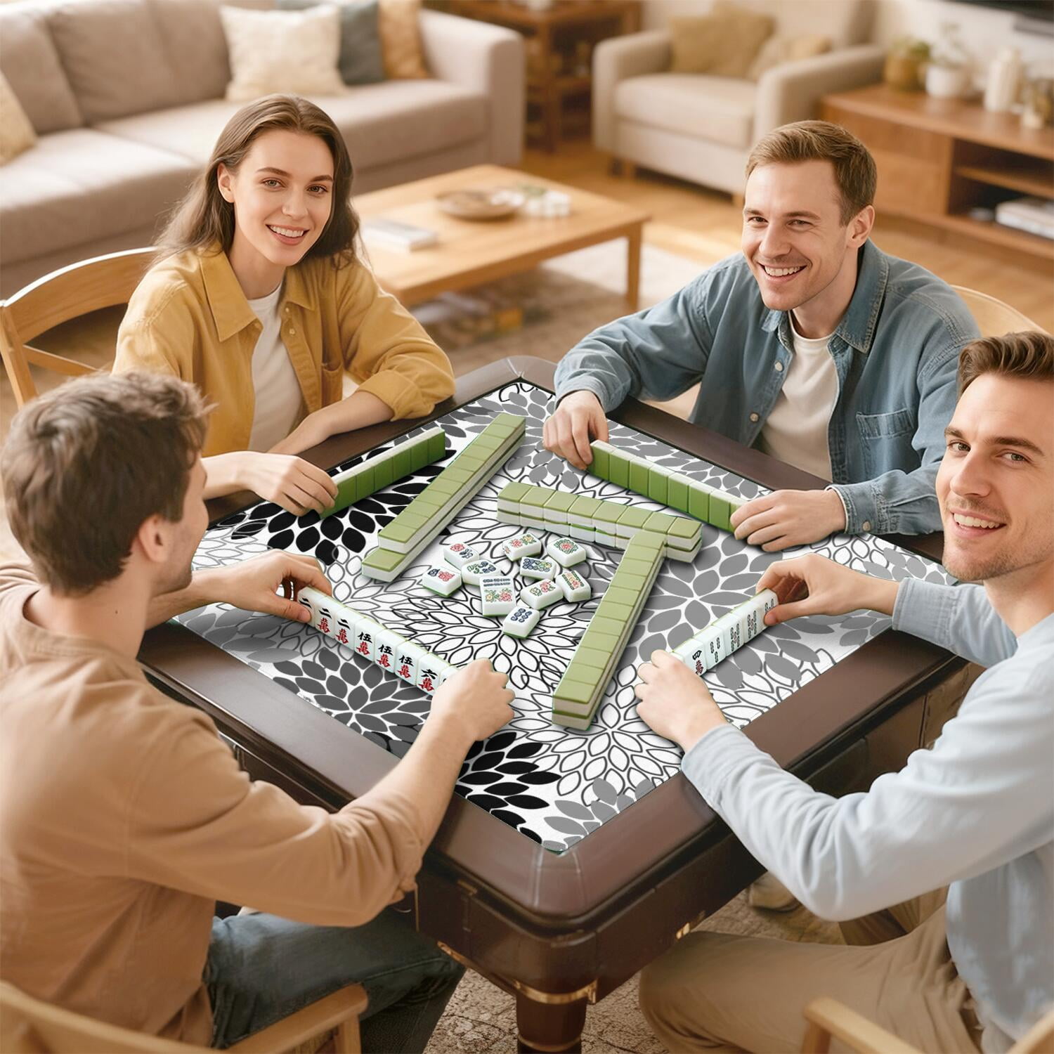 Extra Large Boho Style Anti-Skid Mahjong Mat 31.5 Inch Square Rubber Table Pad with Noise Reduction for Playing Chinese Tiles and Family Entertainment