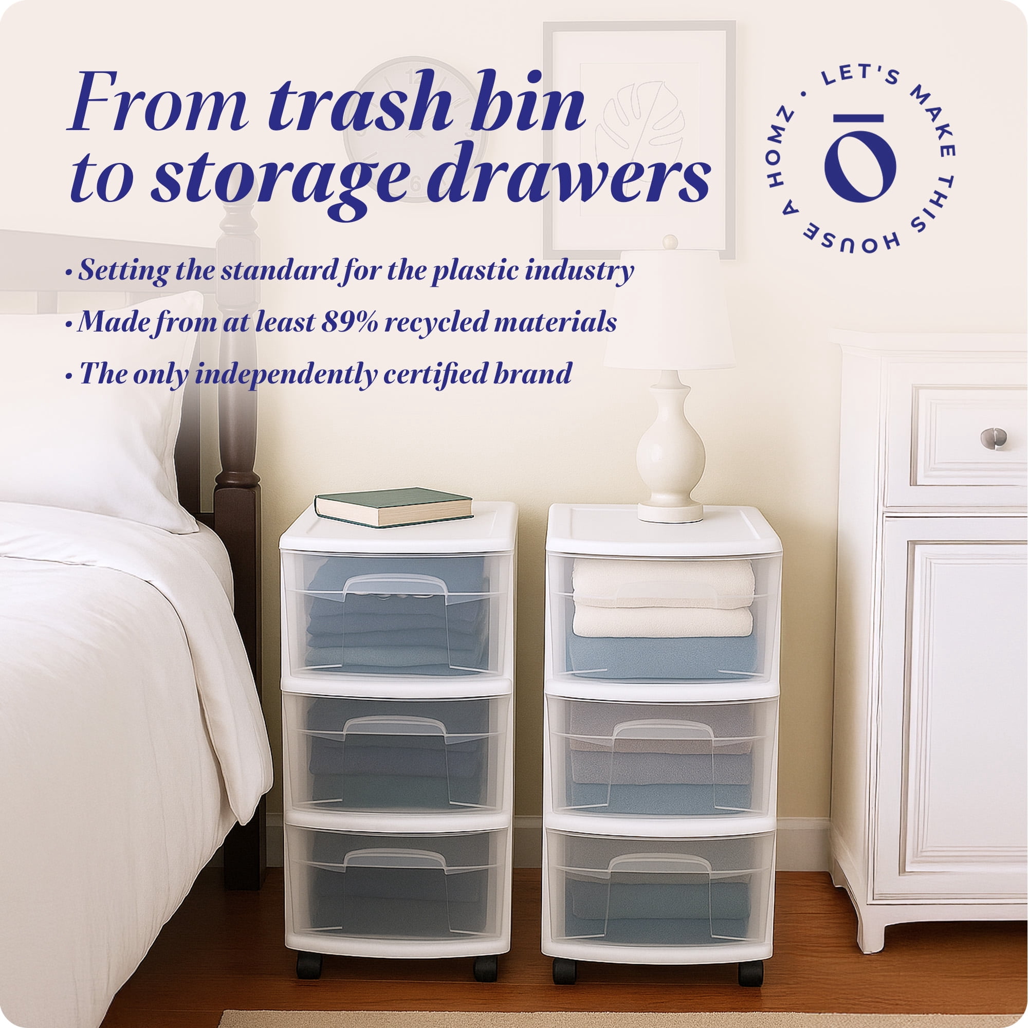 Homz Clear Plastic 3 Drawer Medium Home Storage Tower w/Wheels (2 Pack)