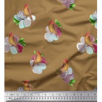 Soimoi Brown Georgette Viscose Fabric Floral & American Robin Bird Printed Craft Fabric by The Yard 42 Inch Wide