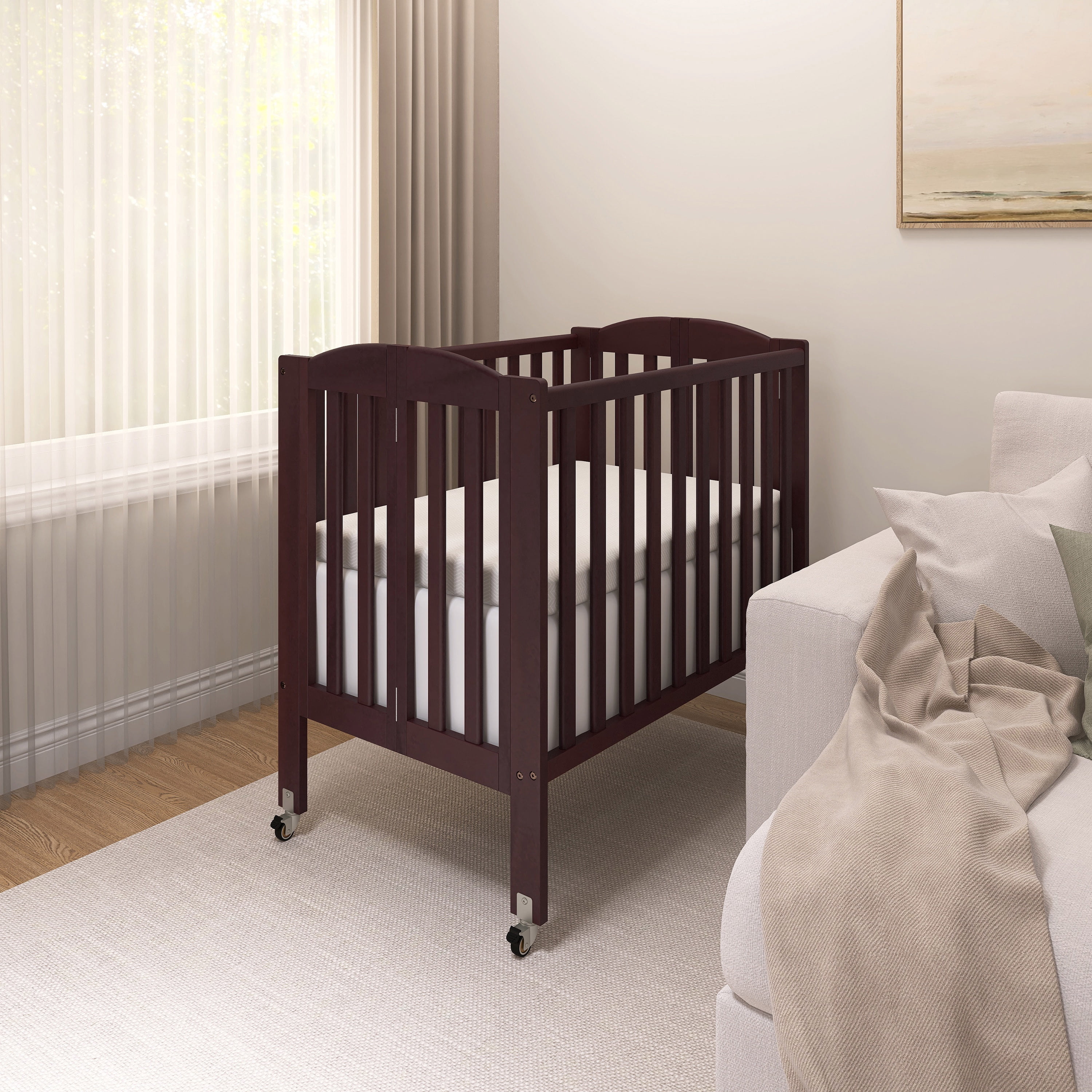 Dream On Me 2-in-1 Folding Portable Mini Crib in Espresso, Mattress Pad Included, Easy to Fold and Store Baby Crib, Two Adjustable Mattress Height positions Convertible Crib