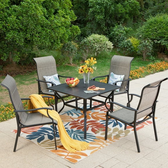 MF Studio 5-Pieces Outdoor Patio Dinning Set with 4 Padded Textilene Chairs and 1 Metal Steel Table with Umbrella Hole, Black & Gray