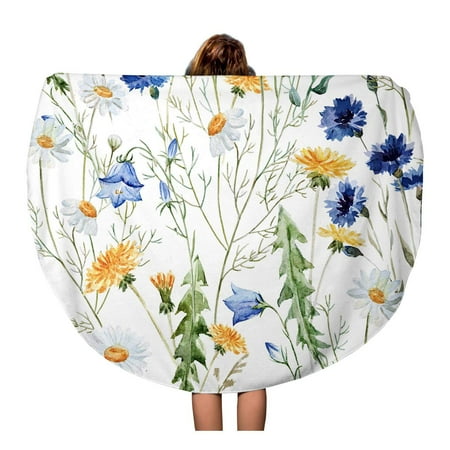 Circle Garden Bell - SIDONKU 60 inch Round Beach Towel Blanket Blue Garden Watercolor Dandelions Wild Flowers Bell Pattern Green Travel Circle Circular Towels Mat Tapestry Beach Throw