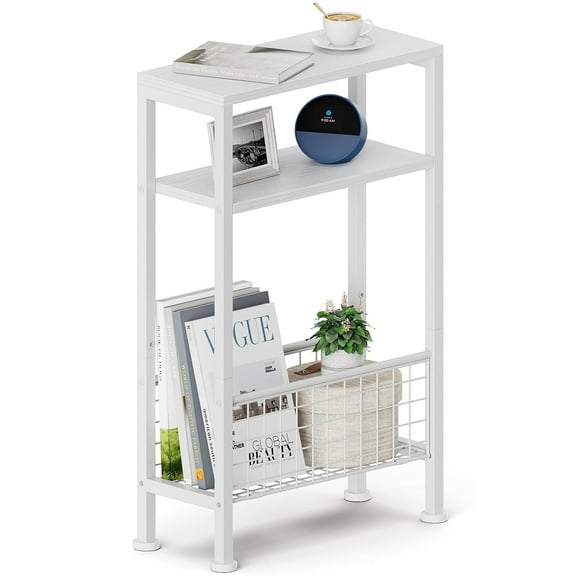 Karii Narrow Side Table, Skinny End Table for Small Spaces with Storage, 3-Tier Slim Wooden Bedside Nightstand Thin Couch Table for Living Room Bedroom Office Dorm Kitchen Bathroom (White)