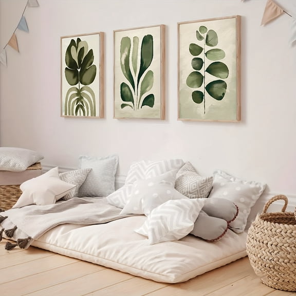 3pcs Boho Wall Art Print, Scandinavian Decor, Botanical Art Print, Green Ink Watercolor Plant Flower Posters Boho Minimalist Decoration, Modern Wall Picture for Living Room Bedroom Home Decoration,